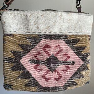 NWOT Myra Hairon Leather Crossbody Shoulder Bag Western Aztec Boho Purse Brown